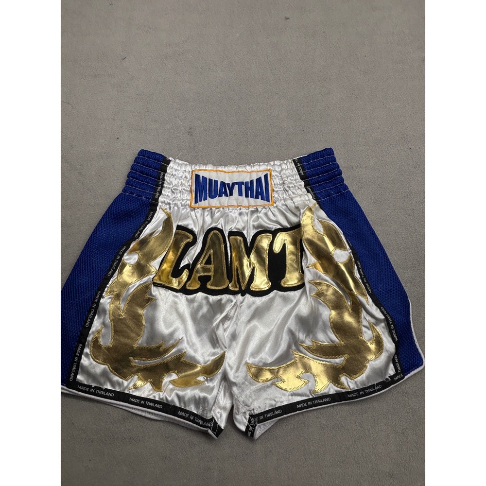 Muay Thai Kickboxing Shorts White Blue Gold Metallic Applique Made in Thailand M